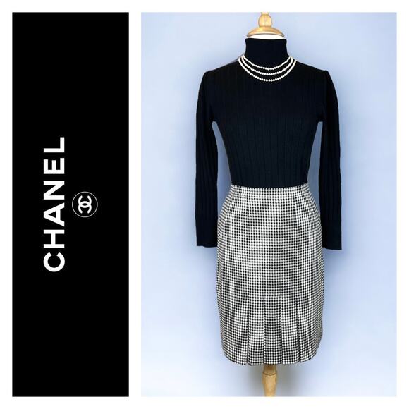 CHANEL Dresses & Skirts - Vintage Chanel Boutique Wool Black/White Plaid Pencil Skirt Front Pleat EU 42